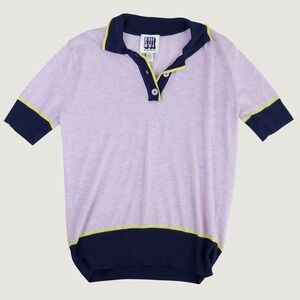 Sui by Anna Sui Knit Polo Shirt Women Size M Lavender Navy Lime Green Ribbed Top